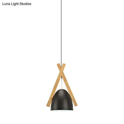 Hanging Bowl Shape Pendant Light with Linear Wood Deco - Stylish Macaron Loft Aluminum Light for Hallways