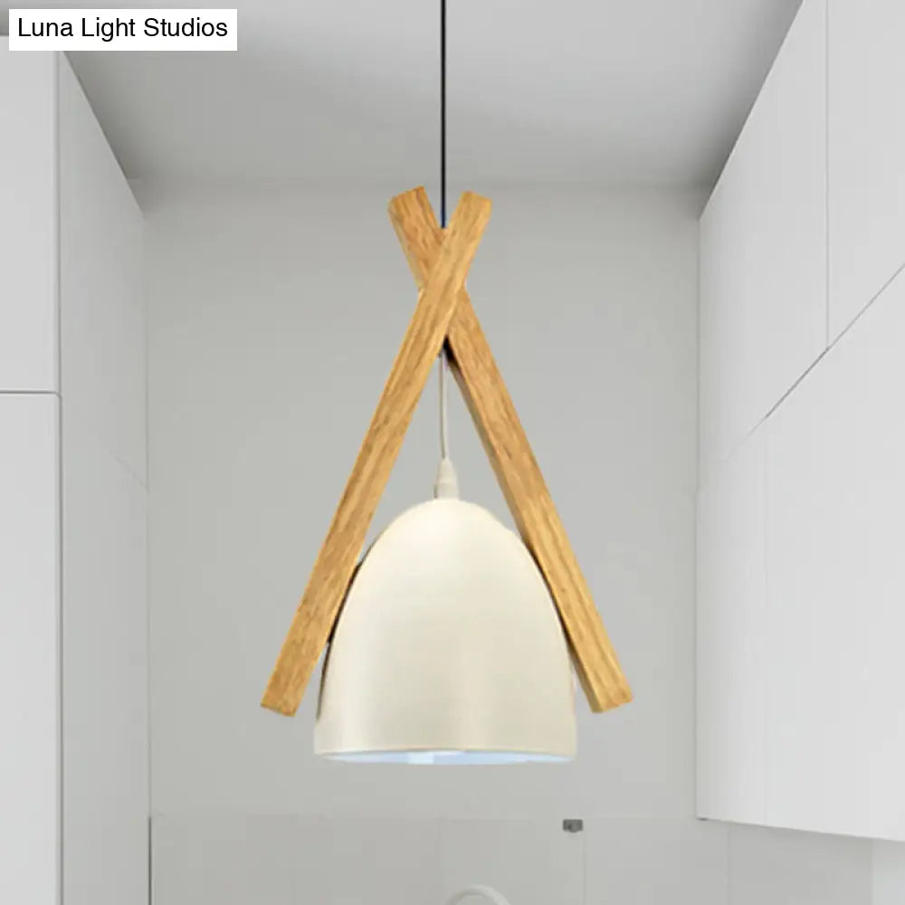 Hanging Bowl Shape Pendant Light with Linear Wood Deco - Stylish Macaron Loft Aluminum Light for Hallways