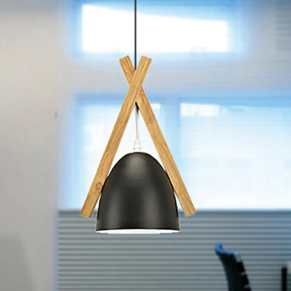 Hanging Bowl Shape Pendant Light with Linear Wood Deco - Stylish Macaron Loft Aluminum Light for Hallways