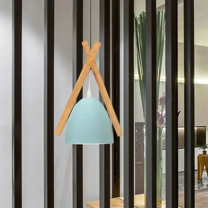 Hanging Bowl Shape Pendant Light with Linear Wood Deco - Stylish Macaron Loft Aluminum Light for Hallways