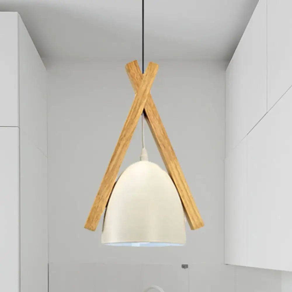 Hanging Bowl Shape Pendant Light with Linear Wood Deco - Stylish Macaron Loft Aluminum Light for Hallways