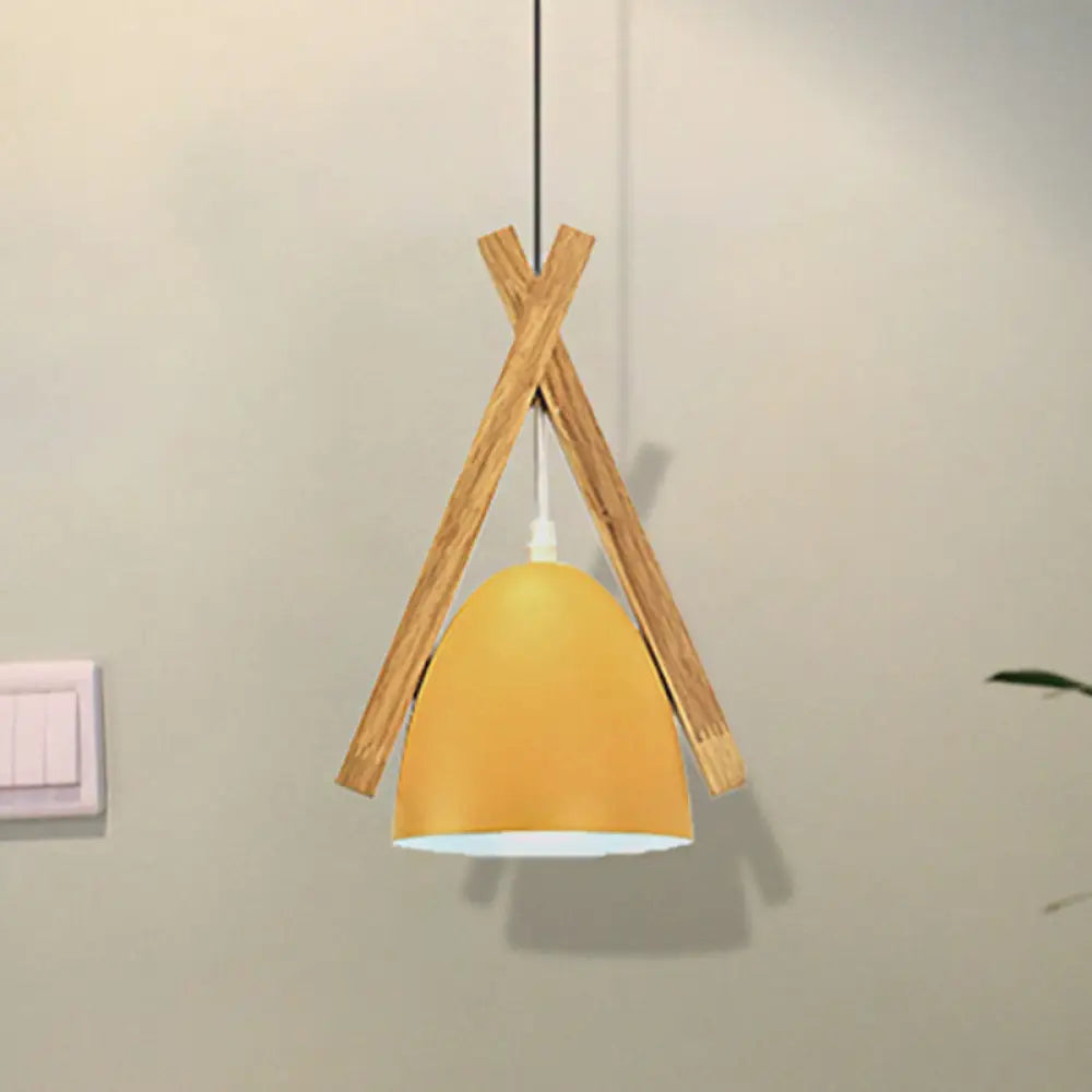 Hanging Bowl Shape Pendant Light with Linear Wood Deco - Stylish Macaron Loft Aluminum Light for Hallways