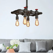 DecorBites black finish hanging ceiling light with industrial black pipe chandelier and red valve accents for dining table