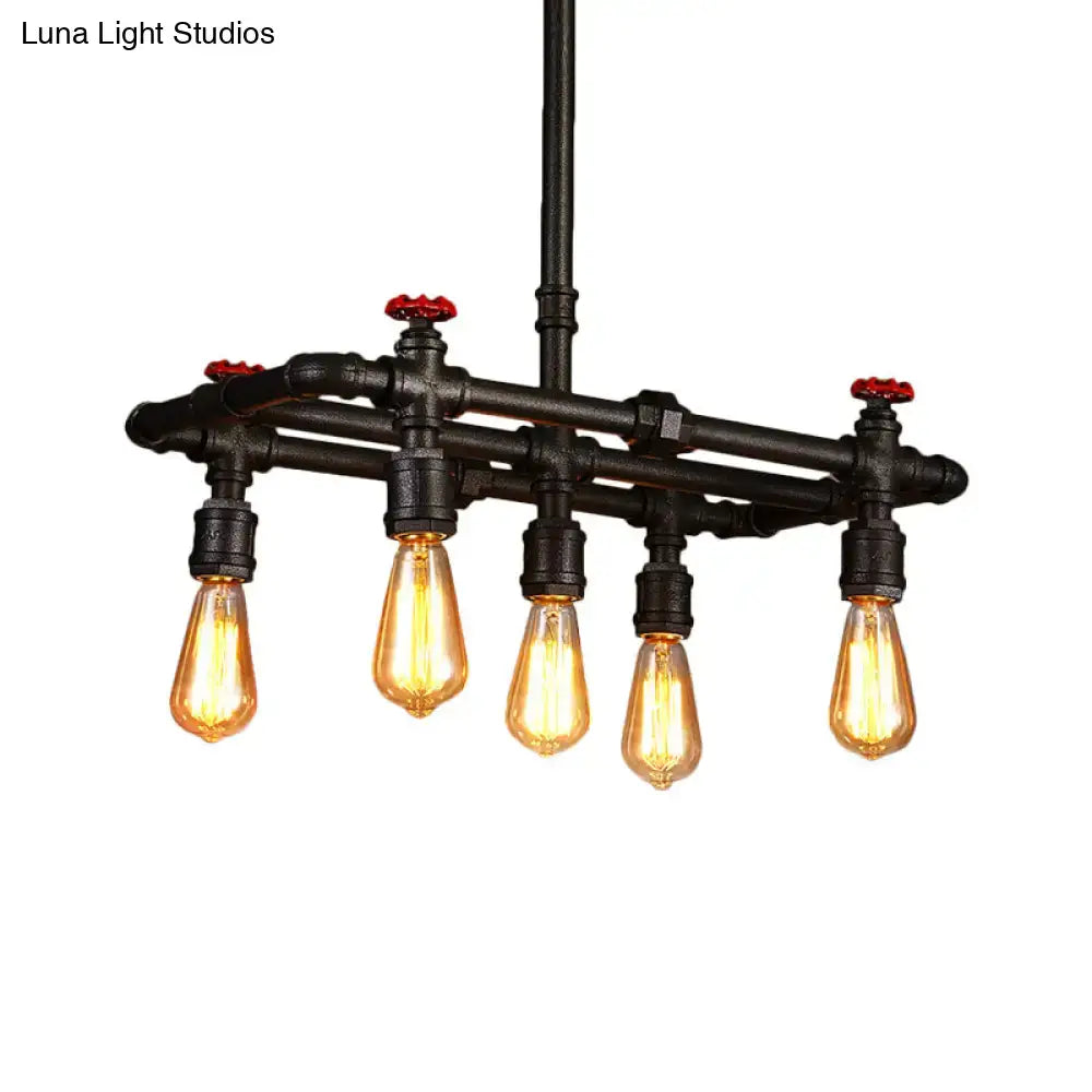 Decorbites black finish hanging ceiling light with industrial black pipe frame and five amber filament bulbs