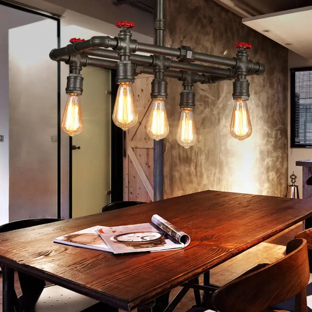 Decorbites black finish hanging ceiling light with industrial black pipe frame red valve caps and exposed filament bulbs