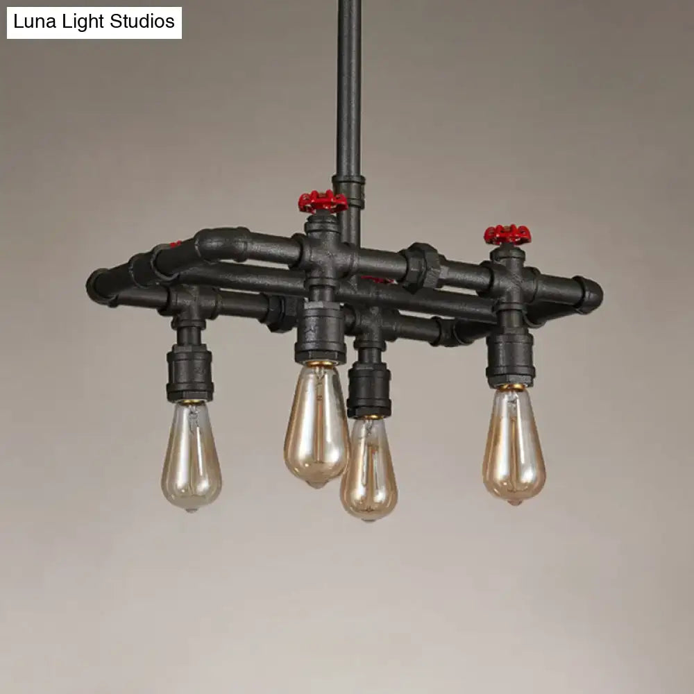 Decorbites black finish hanging ceiling light with industrial black pipe chandelier and red valve accents for dining table