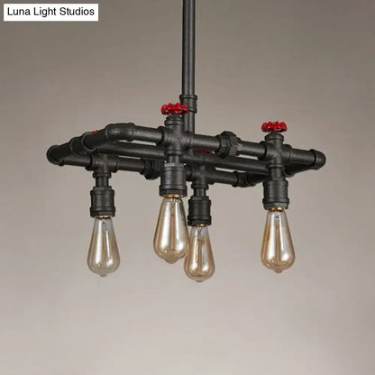 Decorbites black finish hanging ceiling light with industrial black pipe chandelier and red valve accents for dining table