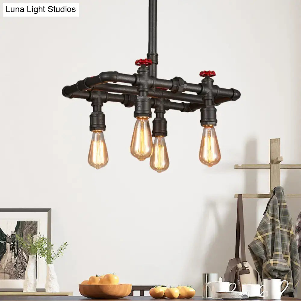 DecorBites black finish hanging ceiling light with industrial black pipe frame and red valve accents for dining table