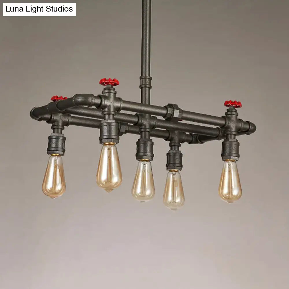 Decorbites black finish hanging ceiling light with industrial metal pipe frame and exposed filament bulbs for dining table