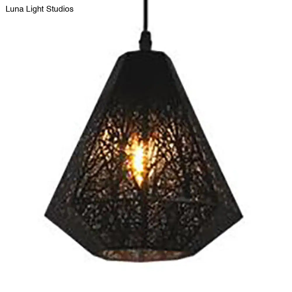 Hanging Ceiling Light Industrial Metal Pendant with Etched Black/White Diamond Design and 3 Lights - Restaurant Lighting with Round/Linear Canopy