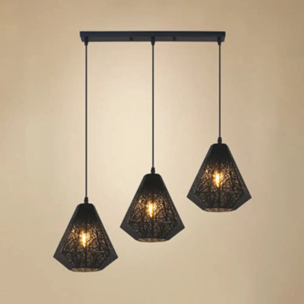 Hanging Ceiling Light Industrial Metal Pendant with Etched Black/White Diamond Design and 3 Lights - Restaurant Lighting with Round/Linear Canopy