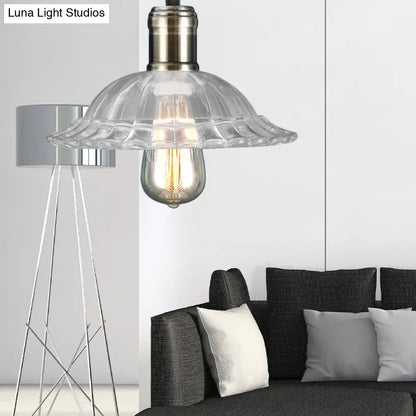 Hanging Ceiling Light with Scalloped Ribbed Glass Shade - Industrial Pendant Lighting for Living Room - Clear