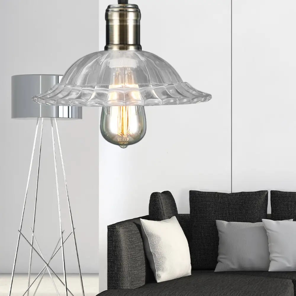 Hanging Ceiling Light with Scalloped Ribbed Glass Shade - Industrial Pendant Lighting for Living Room - Clear