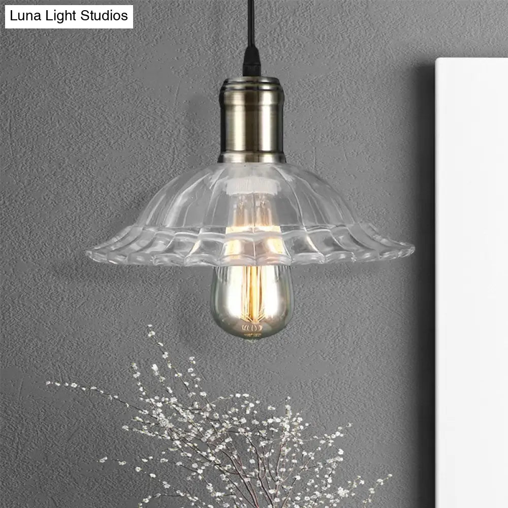 Hanging Ceiling Light with Scalloped Ribbed Glass Shade - Industrial Pendant Lighting for Living Room - Clear