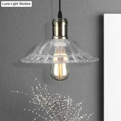 Hanging Ceiling Light with Scalloped Ribbed Glass Shade - Industrial Pendant Lighting for Living Room - Clear