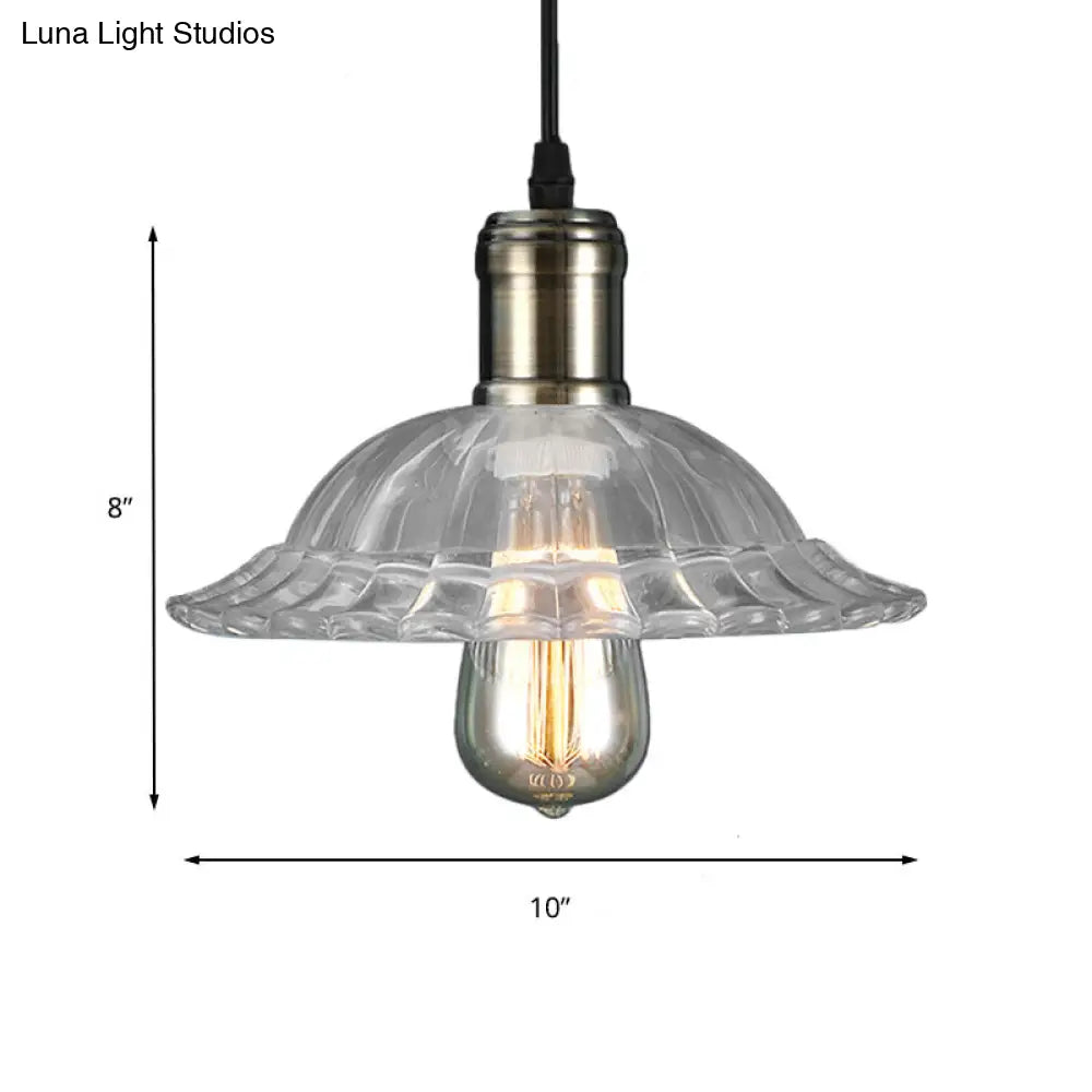 Hanging Ceiling Light with Scalloped Ribbed Glass Shade - Industrial Pendant Lighting for Living Room - Clear