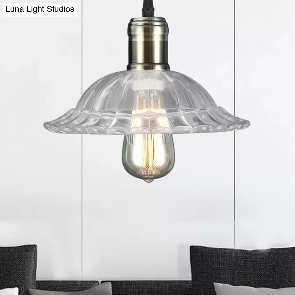 Hanging Ceiling Light with Scalloped Ribbed Glass Shade - Industrial Pendant Lighting for Living Room - Clear