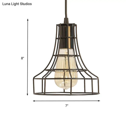 Hanging Ceiling Pendant Light with Bell Cage Shade - Industrial Metal Design for Dining Room - Direct Wired or Plug-In Option