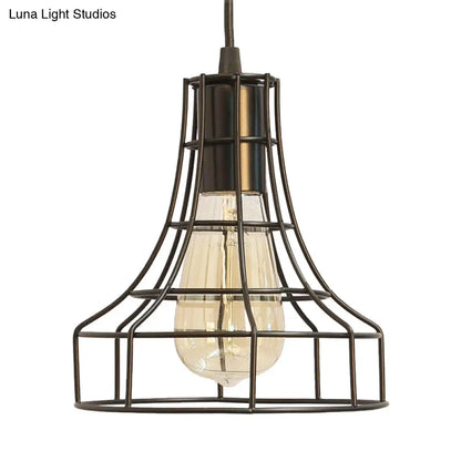 Hanging Ceiling Pendant Light with Bell Cage Shade - Industrial Metal Design for Dining Room - Direct Wired or Plug-In Option