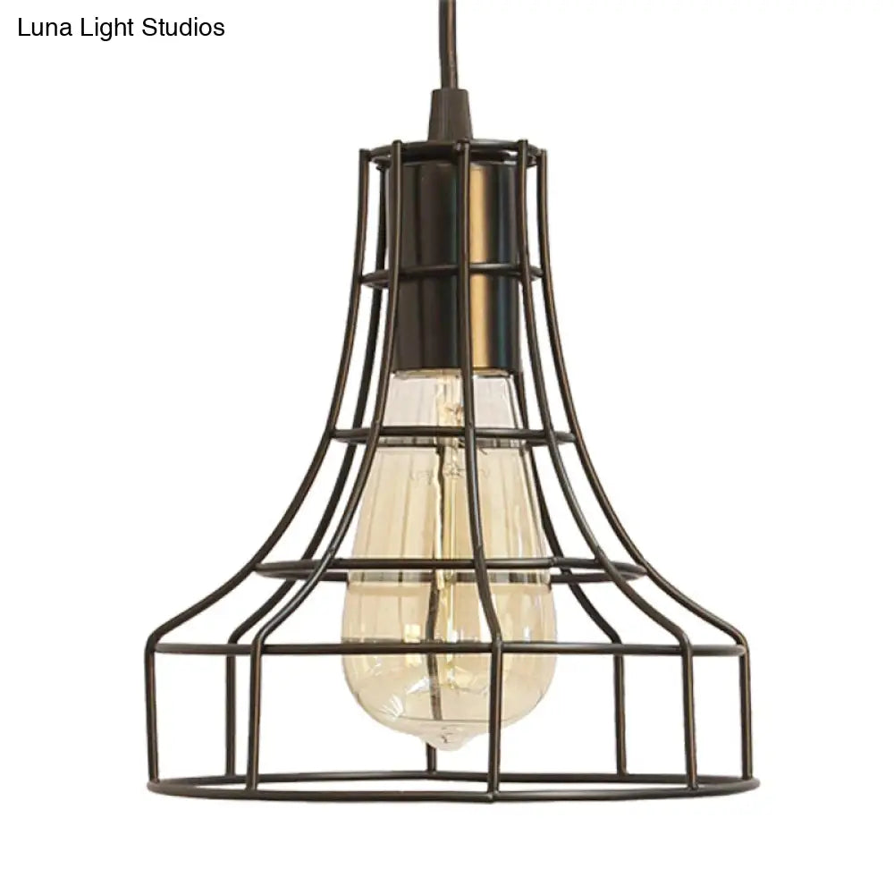 Hanging Ceiling Pendant Light with Bell Cage Shade - Industrial Metal Design for Dining Room - Direct Wired or Plug-In Option