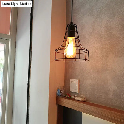 Hanging Ceiling Pendant Light with Bell Cage Shade - Industrial Metal Design for Dining Room - Direct Wired or Plug-In Option