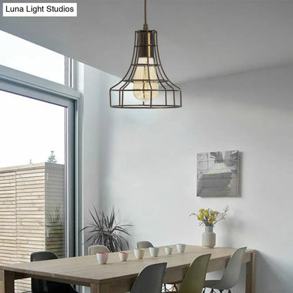 Hanging Ceiling Pendant Light with Bell Cage Shade - Industrial Metal Design for Dining Room - Direct Wired or Plug-In Option