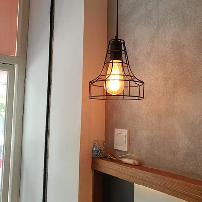 Hanging Ceiling Pendant Light with Bell Cage Shade - Industrial Metal Design for Dining Room - Direct Wired or Plug-In Option