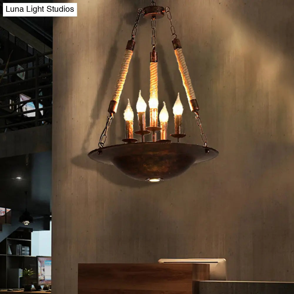 Hanging Chandelier Industrial Rust Candle Pendant Light Fixture with 5 Lights & Rope Chain