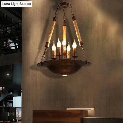 Hanging Chandelier Industrial Rust Candle Pendant Light Fixture with 5 Lights & Rope Chain