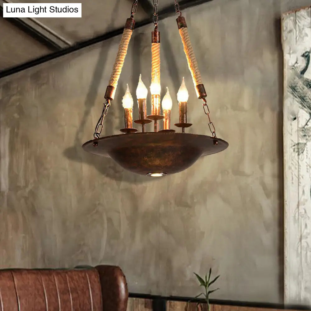 Hanging Chandelier Industrial Rust Candle Pendant Light Fixture with 5 Lights & Rope Chain