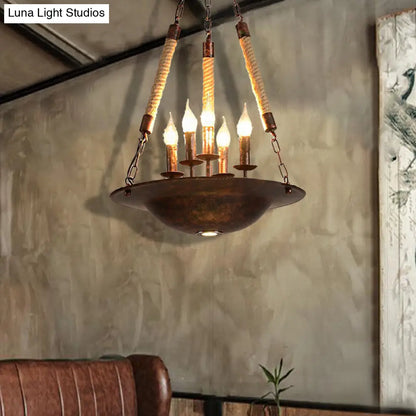 Hanging Chandelier Industrial Rust Candle Pendant Light Fixture with 5 Lights & Rope Chain
