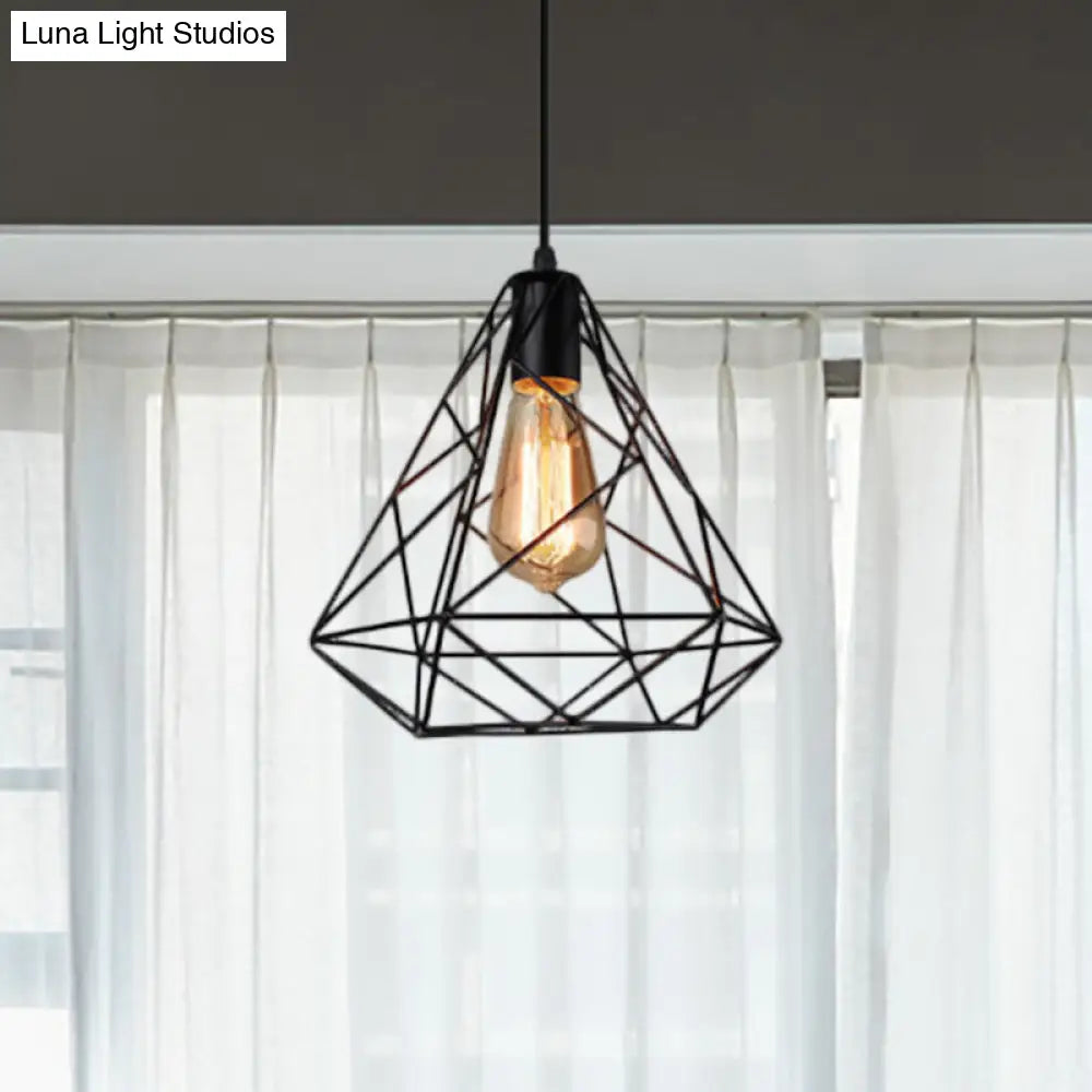 Hanging Diamond Shade Metal Kitchen Ceiling Light with Farmhouse Style and Wire Frame in Black