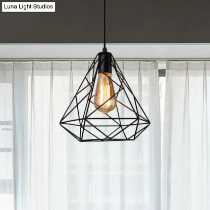 Hanging Diamond Shade Metal Kitchen Ceiling Light with Farmhouse Style and Wire Frame in Black