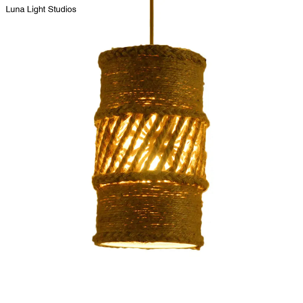 Hanging Farmhouse Style Beige Rope Ceiling Lamp - 1 Bulb Cylindrical Design for Restaurants