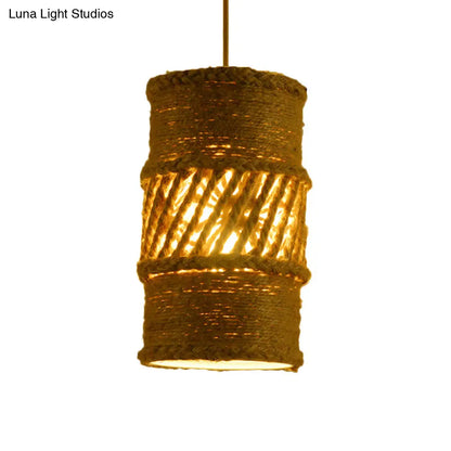 Hanging Farmhouse Style Beige Rope Ceiling Lamp - 1 Bulb Cylindrical Design for Restaurants