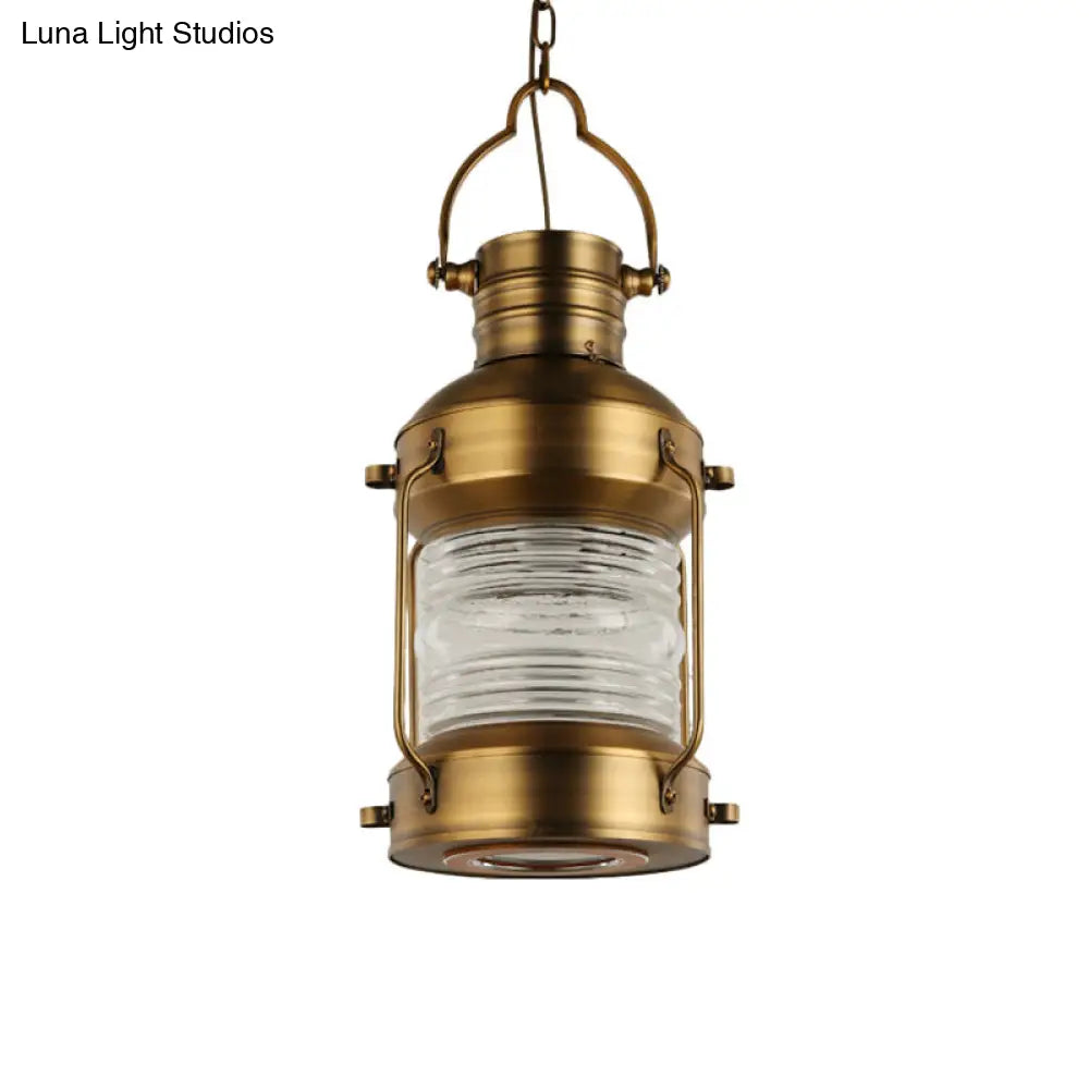 Hanging Lantern Cafe Light Kit - Industrial Iron, Gold Suspended Pendant with Clear Glass Shade