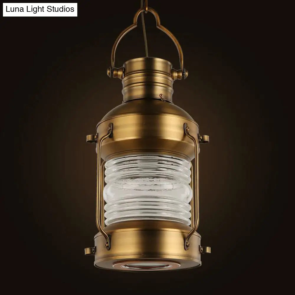 Hanging Lantern Cafe Light Kit - Industrial Iron, Gold Suspended Pendant with Clear Glass Shade