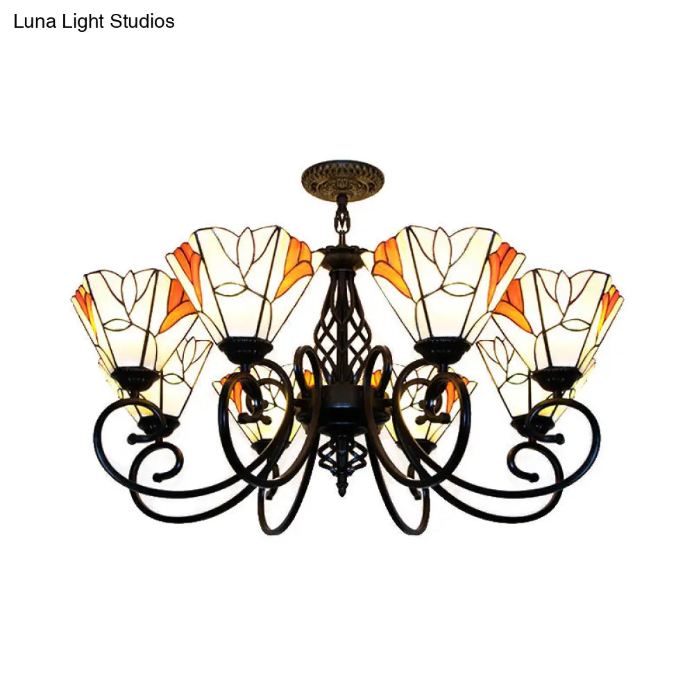 Hanging Lodge Stained Glass Pendant Light with Magnolia Design and Metal Chain for Living Room