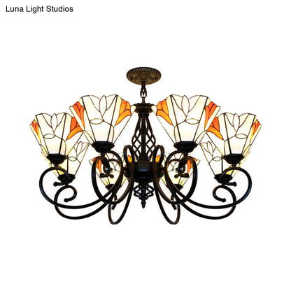 Hanging Lodge Stained Glass Pendant Light with Magnolia Design and Metal Chain for Living Room