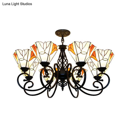 Hanging Lodge Stained Glass Pendant Light with Magnolia Design and Metal Chain for Living Room