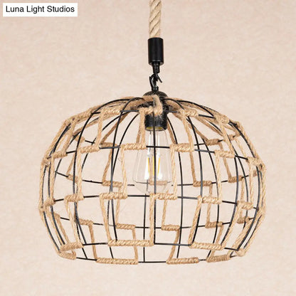 Hanging Pendant Ceiling Light: Rustic Brown Sphere Rope Wrapped Cage for Rural Restaurants