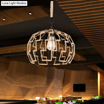 Hanging Pendant Ceiling Light: Rustic Brown Sphere Rope Wrapped Cage for Rural Restaurants