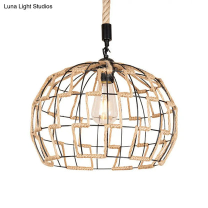 Hanging Pendant Ceiling Light: Rustic Brown Sphere Rope Wrapped Cage for Rural Restaurants