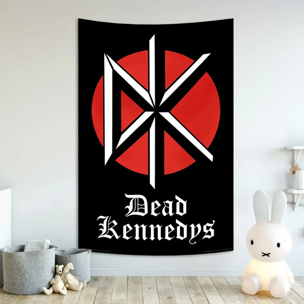 Black dead kennedys hard rock band flag tapestry with bold red circle and gothic lettering for bedroom wall decor