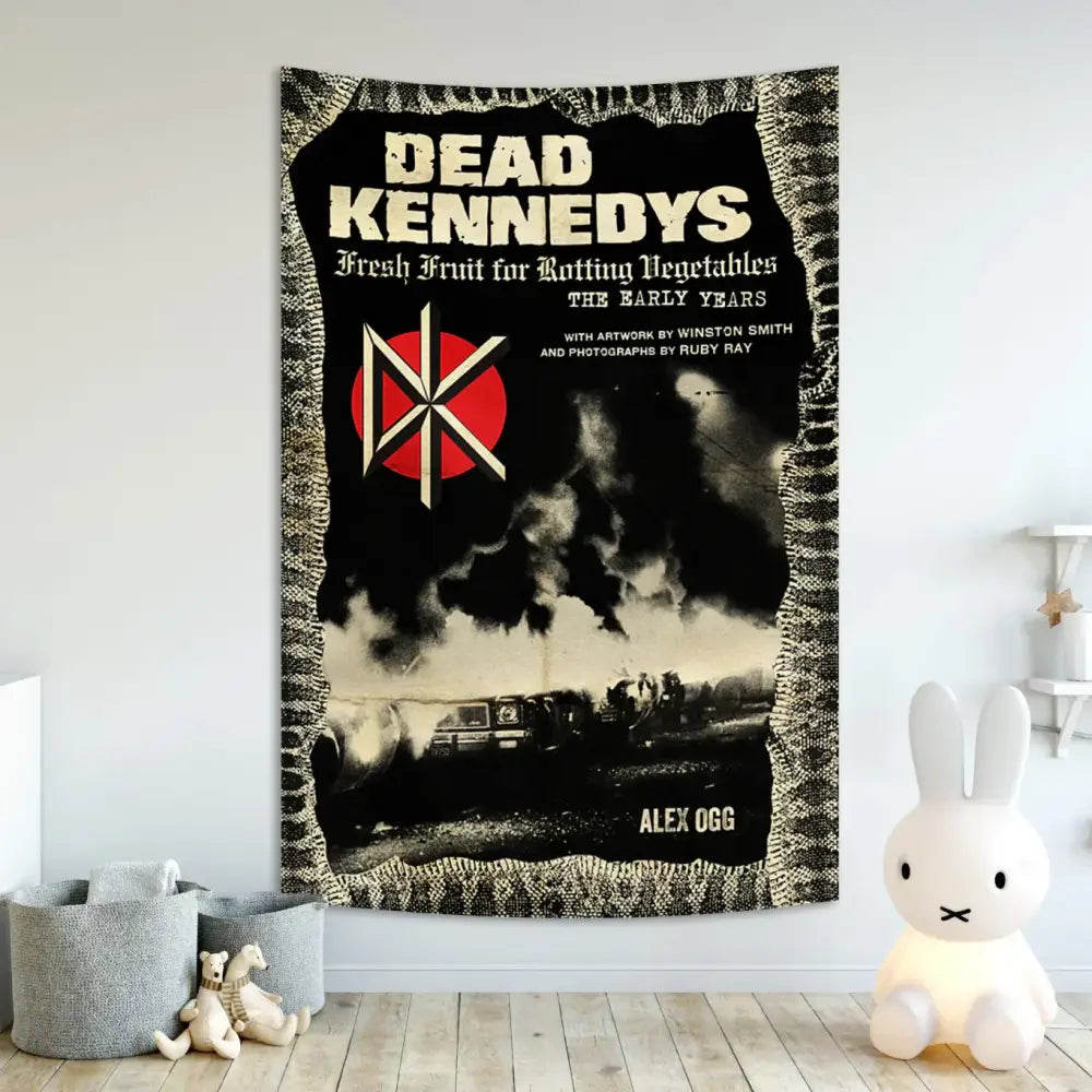 Black and red dead kennedys hard rock band flag tapestry with distressed vintage design for bedroom wall decor