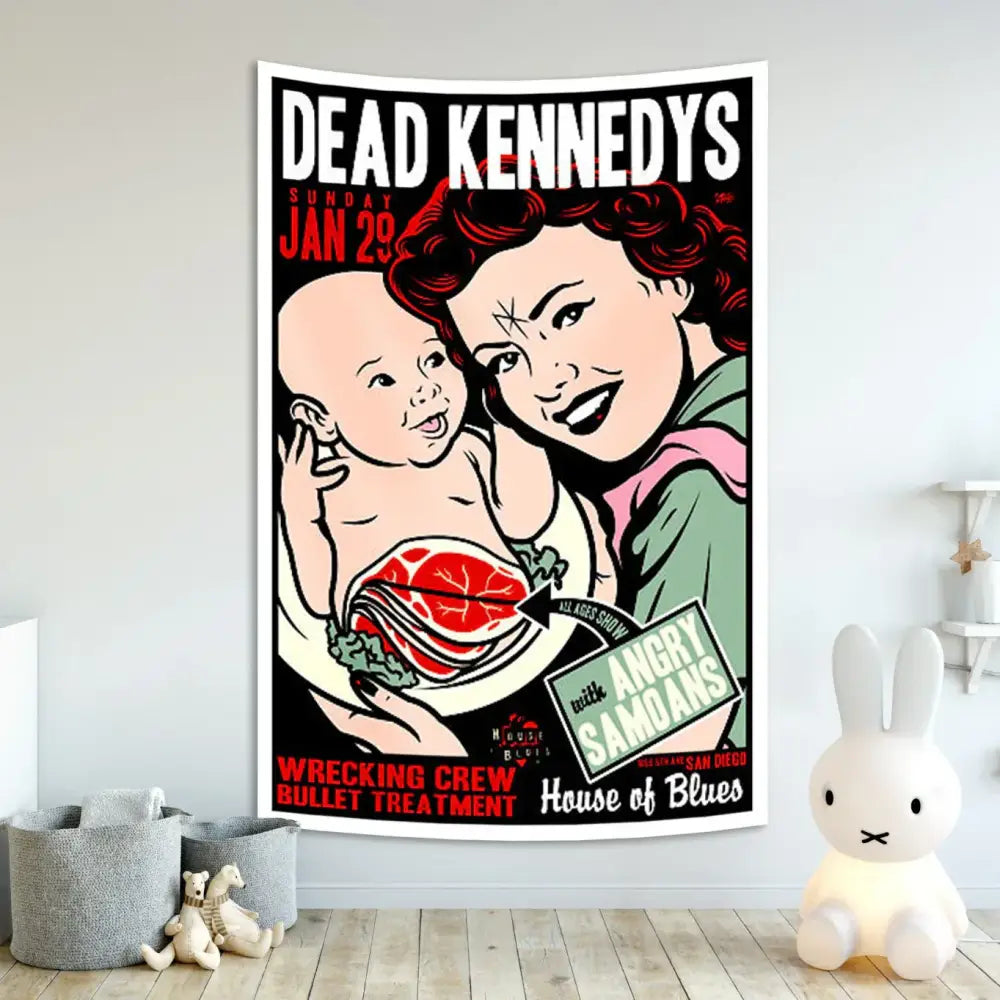 Hard rock band flag tapestry featuring a stylized woman holding a baby with exposed meat in black red and white