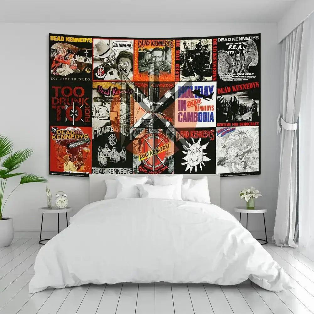 Vibrant hard rock band flag tapestry featuring dead kennedys posters in bold red black and white for bedroom decor