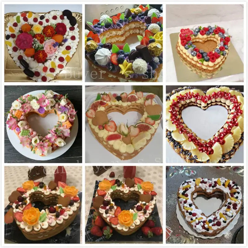 Heart cake mold showcasing heart shaped cakes decorated with colorful flowers fruits and chocolate decorbites cake mold