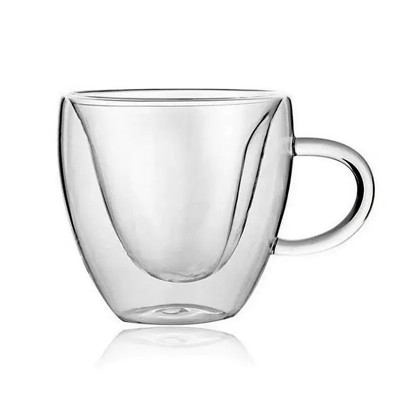 Clear double-walled glass coffee mug cup with heart love design and smooth handle ideal for kitchen drinkware set
