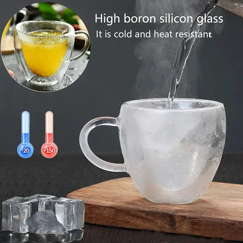 Clear heart love double walled glass coffee mug cup made of high boron silicon for hot and cold beverages